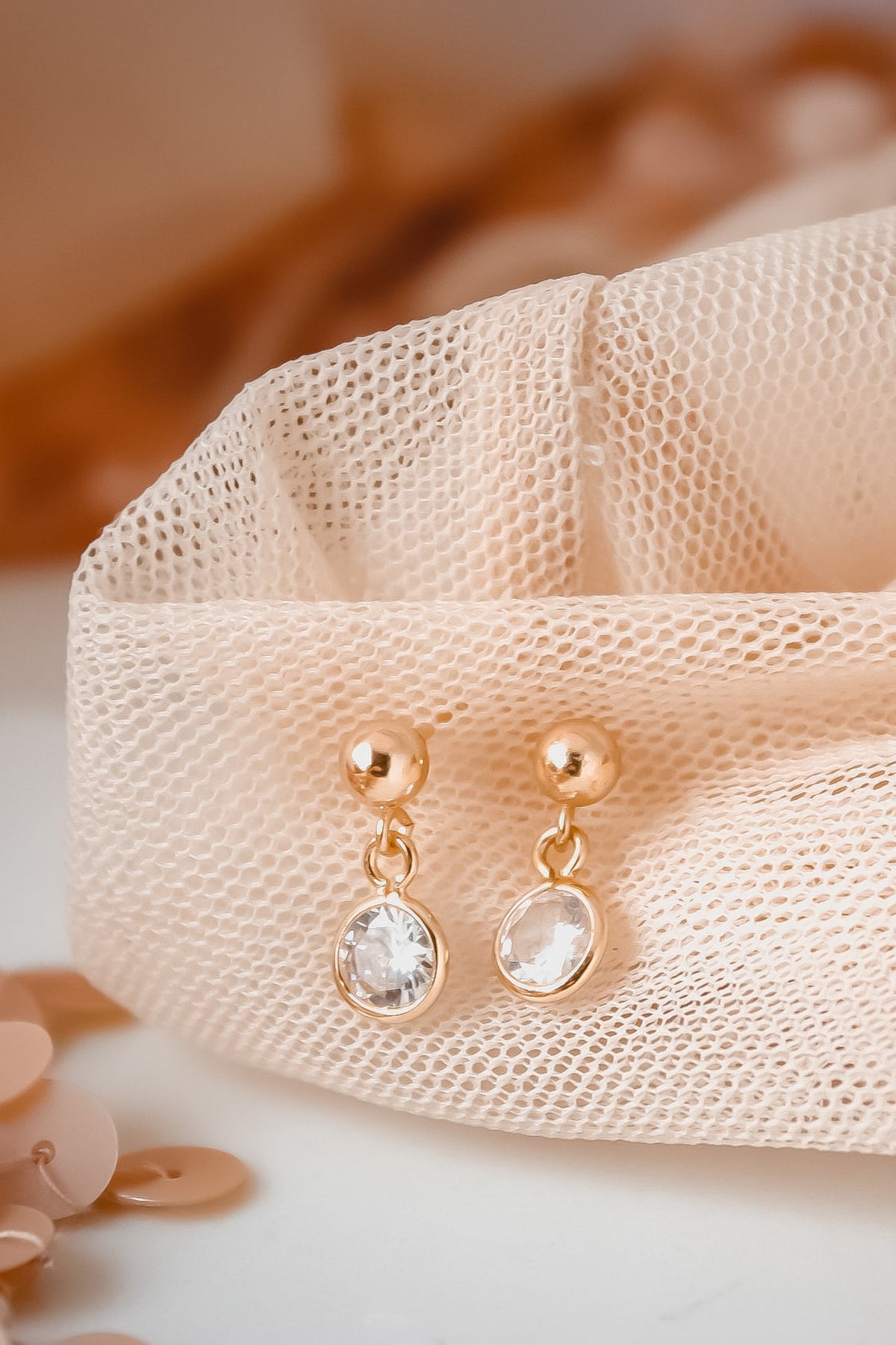 &quot;Gold-filled ball stud earrings with classic timeless design, featuring a shimmering cubic zirconia gemstone drop.
