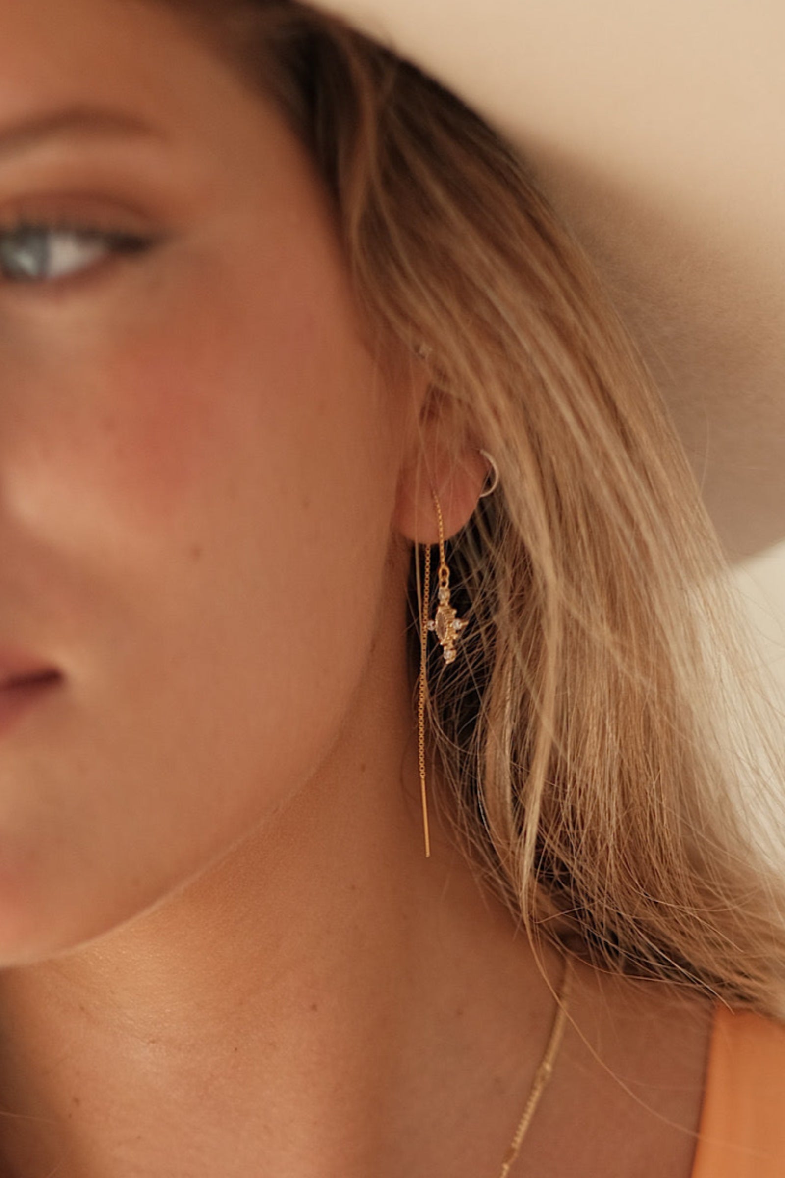 "Gold filled threader earring with star droplet."