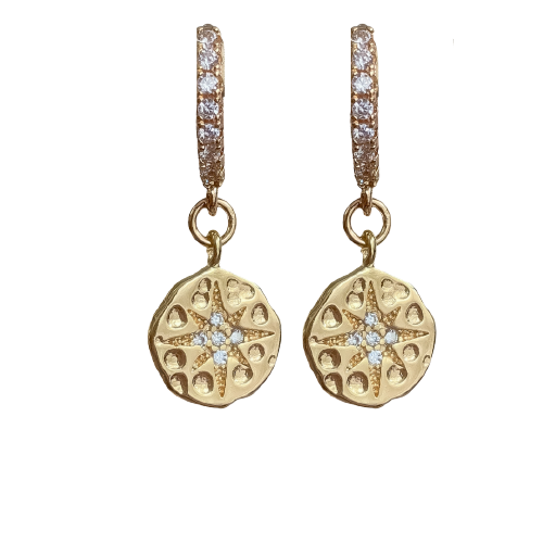 "Gold filled geometric huggies with celestial round coin charm and cubic zirconia pave."